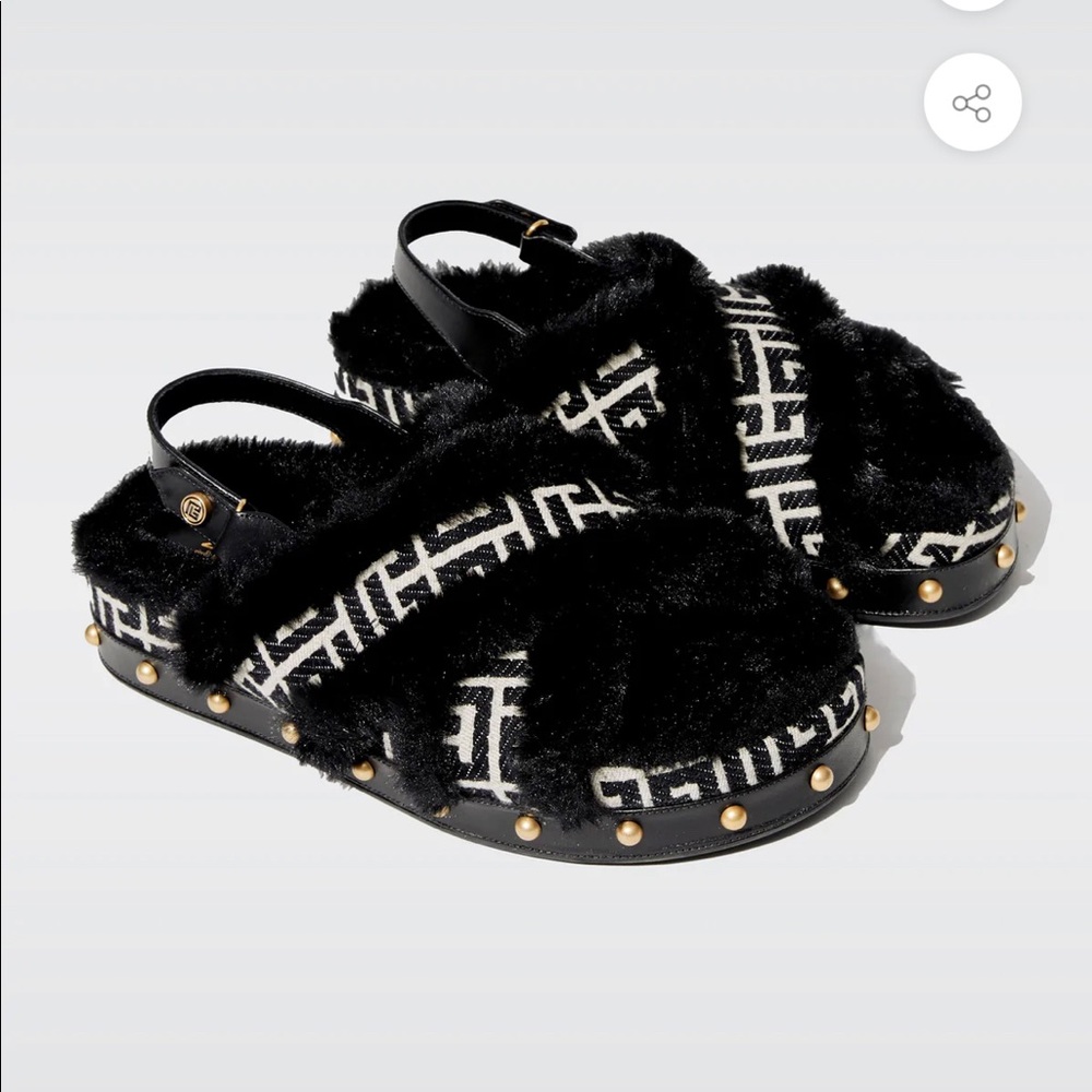 Balmain Flat Sandal Tam-monogram Jacquard & Faux Fur